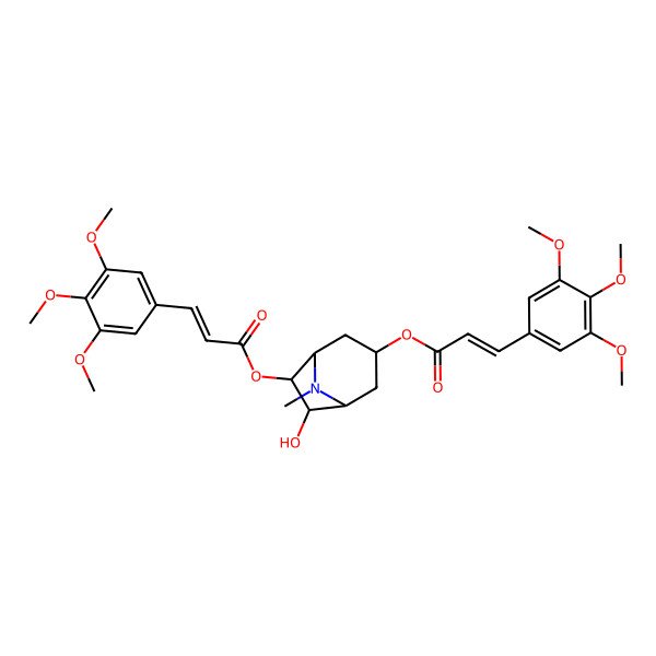 2D Structure of [6-Hydroxy-8-methyl-7-[3-(3,4,5-trimethoxyphenyl)prop-2-enoyloxy]-8-azabicyclo[3.2.1]octan-3-yl] 3-(3,4,5-trimethoxyphenyl)prop-2-enoate