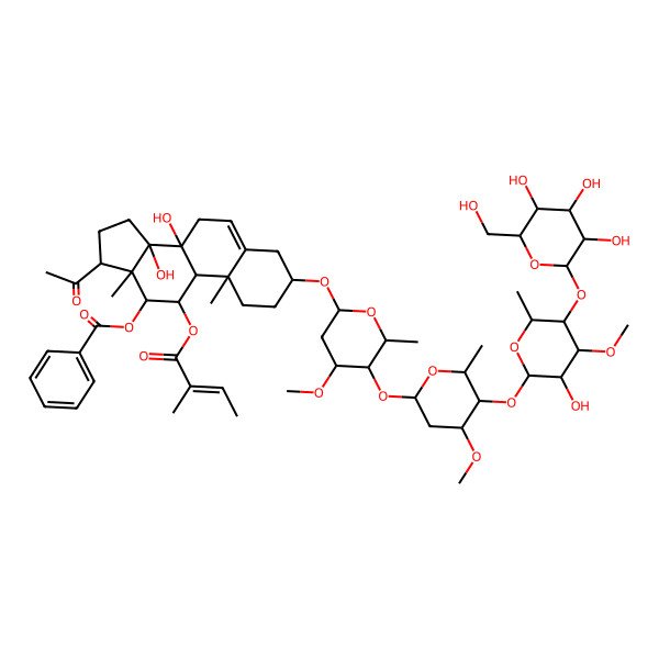 2D Structure of [(3S,8S,9S,10R,11S,12S,13S,14R,17R)-17-acetyl-8,14-dihydroxy-3-[(2R,4S,5R,6R)-5-[(2S,4S,5R,6R)-5-[(2S,3R,4S,5R,6R)-3-hydroxy-4-methoxy-6-methyl-5-[(2S,3R,4S,5S,6R)-3,4,5-trihydroxy-6-(hydroxymethyl)oxan-2-yl]oxyoxan-2-yl]oxy-4-methoxy-6-methyloxan-2-yl]oxy-4-methoxy-6-methyloxan-2-yl]oxy-10,13-dimethyl-11-[(Z)-2-methylbut-2-enoyl]oxy-2,3,4,7,9,11,12,15,16,17-decahydro-1H-cyclopenta[a]phenanthren-12-yl] benzoate