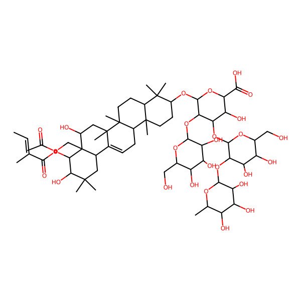 2D Structure of (2S,3S,4S,5R,6R)-6-[[(3S,4aR,6aR,6bS,8R,8aR,9R,10R,12aS,14aR,14bR)-8a-(acetyloxymethyl)-8,10-dihydroxy-4,4,6a,6b,11,11,14b-heptamethyl-9-[(E)-2-methylbut-2-enoyl]oxy-1,2,3,4a,5,6,7,8,9,10,12,12a,14,14a-tetradecahydropicen-3-yl]oxy]-4-[(2S,3R,4S,5R,6R)-4,5-dihydroxy-6-(hydroxymethyl)-3-[(2S,3R,4R,5R,6S)-3,4,5-trihydroxy-6-methyloxan-2-yl]oxyoxan-2-yl]oxy-3-hydroxy-5-[(2S,3R,4S,5S,6R)-3,4,5-trihydroxy-6-(hydroxymethyl)oxan-2-yl]oxyoxane-2-carboxylic acid