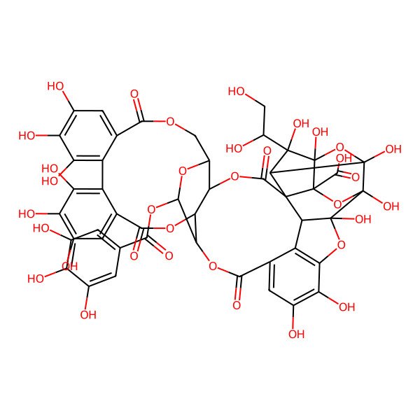 2D Structure of (1R,2R,5R,6S,24R,26S,27R,36R,37R,38R,40S,41R,43S,44S)-44-[(1S)-1,2-dihydroxyethyl]-11,12,13,16,17,18,32,33,37,38,41,43,44-tridecahydroxy-3,8,21,29-tetraoxo-26-(3,4,5-trihydroxybenzoyl)oxy-4,7,22,25,28,39,42,45-octaoxaundecacyclo[39.2.1.134,37.02,36.02,40.05,24.06,27.09,14.015,20.030,35.038,43]pentatetraconta-9,11,13,15,17,19,30,32,34-nonaene-40-carboxylic acid