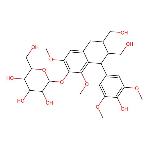 2D Structure of (2S,3R,4S,5S,6R)-2-[[(6R,7R,8S)-8-(4-hydroxy-3,5-dimethoxyphenyl)-6,7-bis(hydroxymethyl)-1,3-dimethoxy-5,6,7,8-tetrahydronaphthalen-2-yl]oxy]-6-(hydroxymethyl)oxane-3,4,5-triol