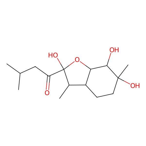 2D Structure of 1-[(2R,3R,3aR,6S,7R,7aS)-2,6,7-trihydroxy-3,6-dimethyl-3,3a,4,5,7,7a-hexahydro-1-benzouran-2-yl]-3-methylbutan-1-one