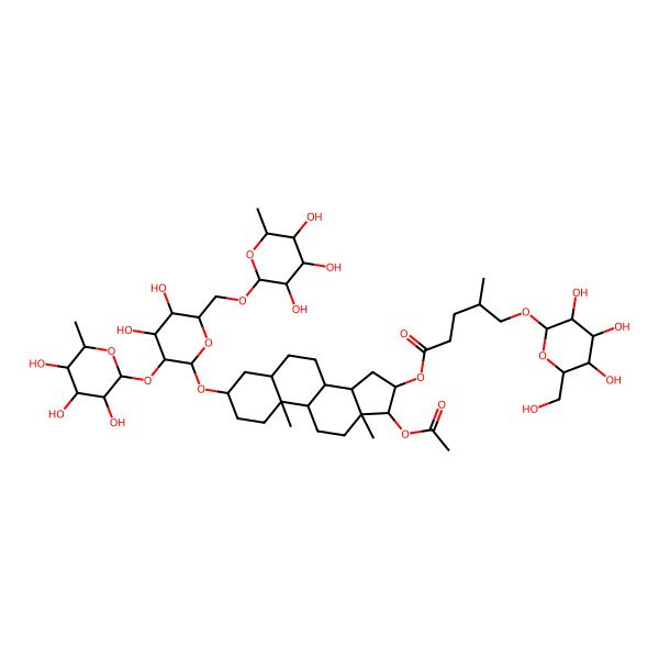 2D Structure of [(3S,5S,8R,9S,10S,13S,14S,16S,17R)-17-acetyloxy-3-[(2S,3R,4S,5R,6R)-4,5-dihydroxy-3-[(2R,3R,4R,5R,6S)-3,4,5-trihydroxy-6-methyloxan-2-yl]oxy-6-[[(2R,3R,4R,5R,6S)-3,4,5-trihydroxy-6-methyloxan-2-yl]oxymethyl]oxan-2-yl]oxy-10,13-dimethyl-2,3,4,5,6,7,8,9,11,12,14,15,16,17-tetradecahydro-1H-cyclopenta[a]phenanthren-16-yl] (4S)-4-methyl-5-[(2R,3R,4S,5R,6R)-3,4,5-trihydroxy-6-(hydroxymethyl)oxan-2-yl]oxypentanoate
