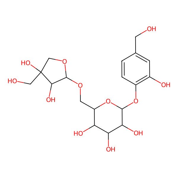 2D Structure of 2-[[3,4-Dihydroxy-4-(hydroxymethyl)oxolan-2-yl]oxymethyl]-6-[2-hydroxy-4-(hydroxymethyl)phenoxy]oxane-3,4,5-triol
