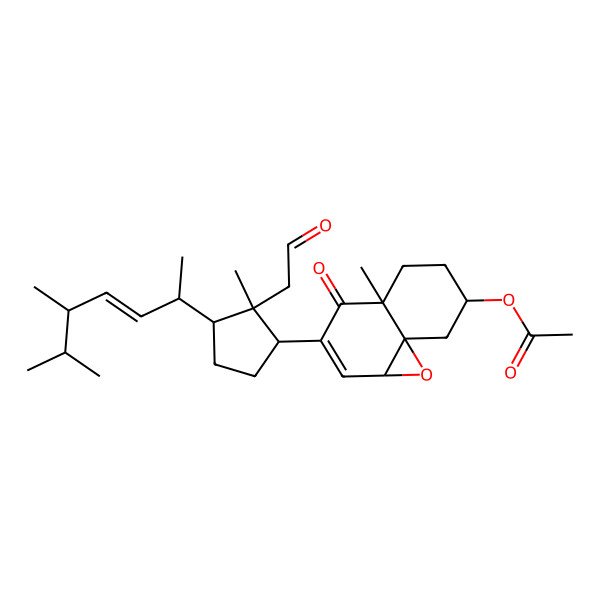 2D Structure of [(1aS,4aS,7S,8aR)-3-[(1R,2S,3R)-3-[(E,2S,5R)-5,6-dimethylhept-3-en-2-yl]-2-methyl-2-(2-oxoethyl)cyclopentyl]-4a-methyl-4-oxo-5,6,7,8-tetrahydro-1aH-naphtho[1,8a-b]oxiren-7-yl] acetate