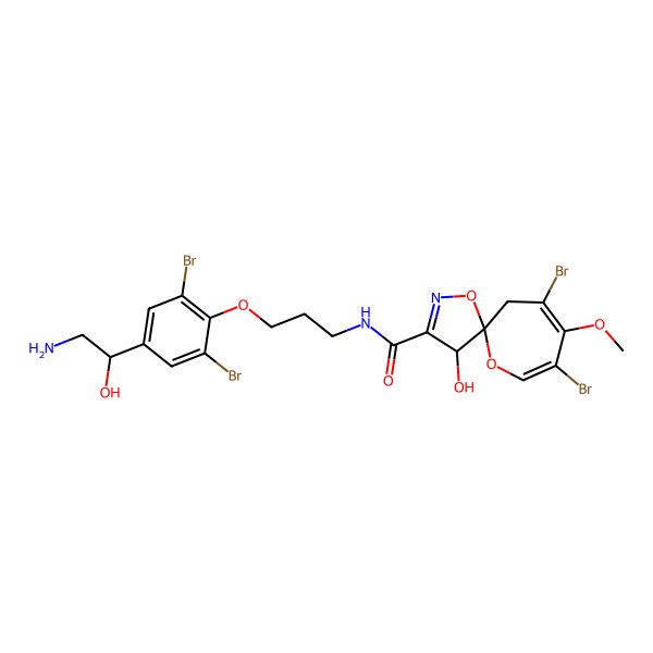 2D Structure of (4S,5S)-N-[3-[4-(2-amino-1-hydroxyethyl)-2,6-dibromophenoxy]propyl]-7,9-dibromo-4-hydroxy-8-methoxy-1,11-dioxa-2-azaspiro[4.6]undeca-2,7,9-triene-3-carboxamide