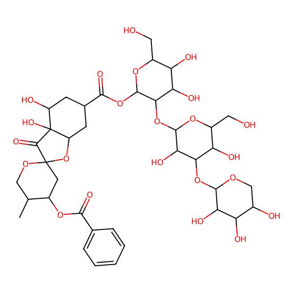 2D Structure of [3-[3,5-dihydroxy-6-(hydroxymethyl)-4-(3,4,5-trihydroxyoxan-2-yl)oxyoxan-2-yl]oxy-4,5-dihydroxy-6-(hydroxymethyl)oxan-2-yl] 4'-benzoyloxy-3a,4-dihydroxy-5'-methyl-3-oxospiro[5,6,7,7a-tetrahydro-4H-1-benzofuran-2,2'-oxane]-6-carboxylate