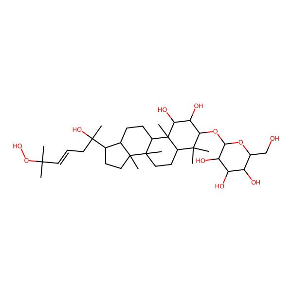 2D Structure of 2-[[17-(6-hydroperoxy-2-hydroxy-6-methylhept-4-en-2-yl)-1,2-dihydroxy-4,4,8,10,14-pentamethyl-2,3,5,6,7,9,11,12,13,15,16,17-dodecahydro-1H-cyclopenta[a]phenanthren-3-yl]oxy]-6-(hydroxymethyl)oxane-3,4,5-triol