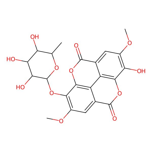 2D Structure of 7-hydroxy-6,13-dimethoxy-14-[(2R,3S,4R,5R,6S)-3,4,5-trihydroxy-6-methyloxan-2-yl]oxy-2,9-dioxatetracyclo[6.6.2.04,16.011,15]hexadeca-1(15),4,6,8(16),11,13-hexaene-3,10-dione