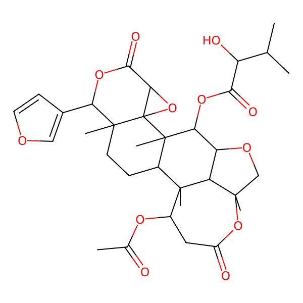2D Structure of [(1R,2R,5S,6S,9S,11R,12S,13S,14R,17R,21S,22S)-21-acetyloxy-6-(furan-3-yl)-1,5,12,17-tetramethyl-8,19-dioxo-7,10,15,18-tetraoxahexacyclo[12.7.1.02,12.05,11.09,11.017,22]docosan-13-yl] 2-hydroxy-3-methylbutanoate
