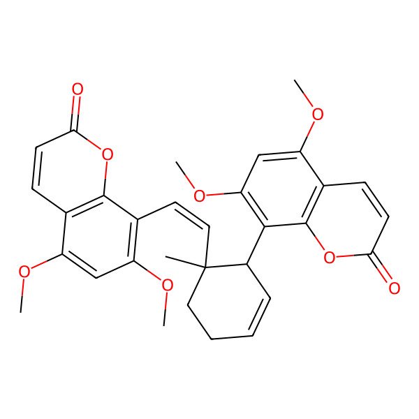 2D Structure of 8-[(E)-2-[(1S,2S)-2-(5,7-dimethoxy-2-oxochromen-8-yl)-1-methylcyclohex-3-en-1-yl]ethenyl]-5,7-dimethoxychromen-2-one