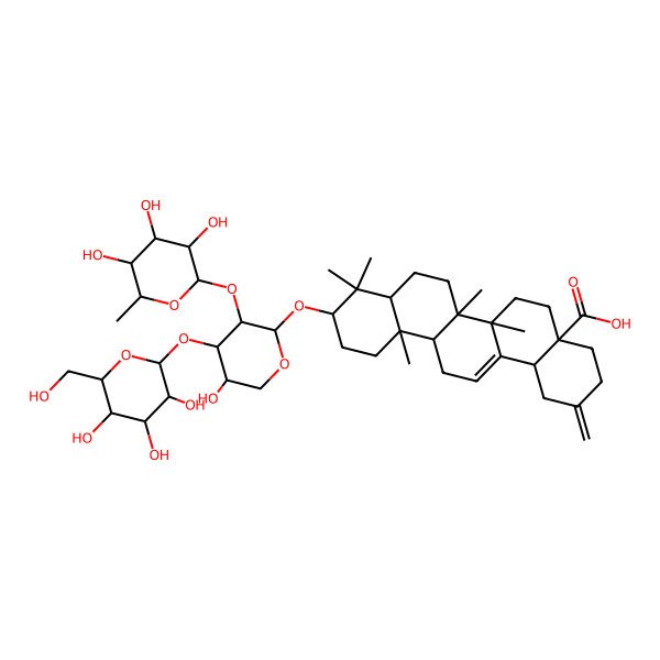2D Structure of 10-[5-Hydroxy-4-[3,4,5-trihydroxy-6-(hydroxymethyl)oxan-2-yl]oxy-3-(3,4,5-trihydroxy-6-methyloxan-2-yl)oxyoxan-2-yl]oxy-6a,6b,9,9,12a-pentamethyl-2-methylidene-1,3,4,5,6,6a,7,8,8a,10,11,12,13,14b-tetradecahydropicene-4a-carboxylic acid