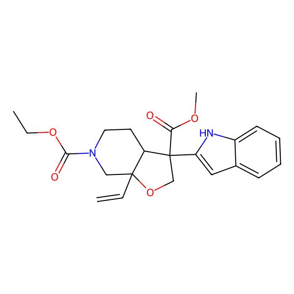 2D Structure of 6-O-ethyl 3-O-methyl 7a-ethenyl-3-(1H-indol-2-yl)-3a,4,5,7-tetrahydro-2H-furo[2,3-c]pyridine-3,6-dicarboxylate