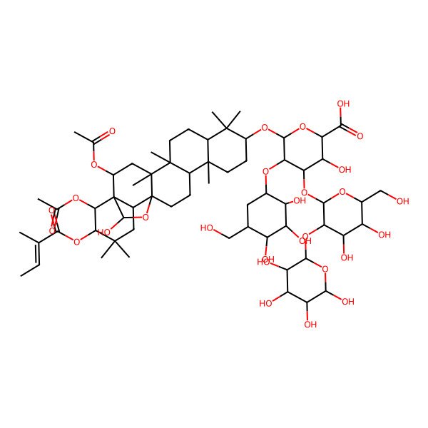 2D Structure of (2S,3S,4S,5R,6R)-6-[[(1R,2R,4S,5R,8R,10S,13R,14R,17S,18R,21R,22R,23S)-2,22-diacetyloxy-23-hydroxy-4,5,9,9,13,20,20-heptamethyl-21-[(Z)-2-methylbut-2-enoyl]oxy-24-oxahexacyclo[15.5.2.01,18.04,17.05,14.08,13]tetracosan-10-yl]oxy]-4-[(2S,3R,4S,5R,6R)-4,5-dihydroxy-6-(hydroxymethyl)-3-[(2R,3R,4R,5R,6R)-3,4,5,6-tetrahydroxyoxan-2-yl]oxyoxan-2-yl]oxy-3-hydroxy-5-[(1R,2S,3S,4S,5R)-2,3,4-trihydroxy-5-(hydroxymethyl)cyclohexyl]oxyoxane-2-carboxylic acid