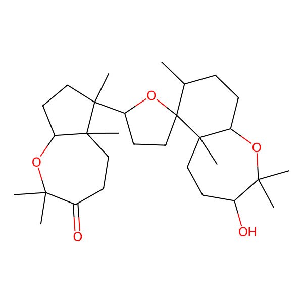 2D Structure of (5aS,6S,8aS)-6-[(2'S,3R,5aR,6S,7S,9aS)-3-hydroxy-2,2,5a,7-tetramethylspiro[4,5,7,8,9,9a-hexahydro-3H-benzo[b]oxepine-6,5'-oxolane]-2'-yl]-2,2,5a,6-tetramethyl-5,7,8,8a-tetrahydro-4H-cyclopenta[b]oxepin-3-one