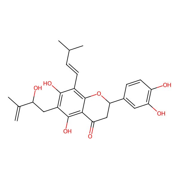 2D Structure of 2-(3,4-Dihydroxyphenyl)-5,7-dihydroxy-6-(2-hydroxy-3-methylbut-3-enyl)-8-(3-methylbut-1-enyl)-2,3-dihydrochromen-4-one