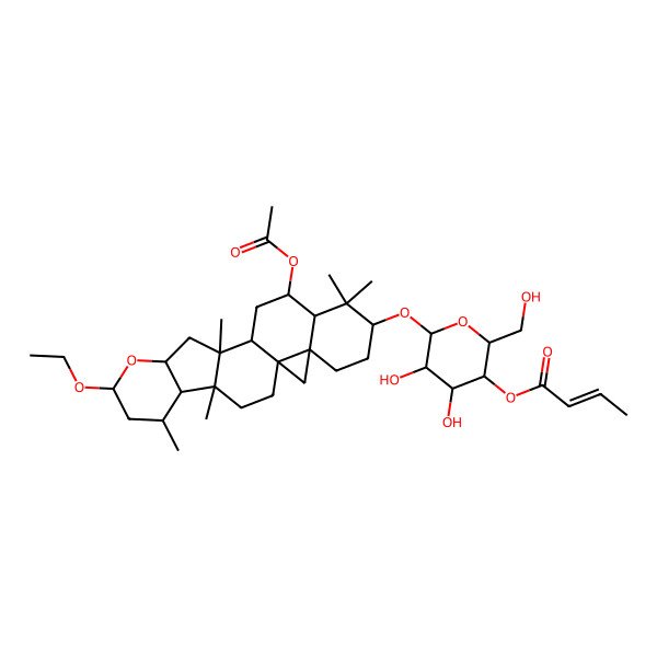 2D Structure of [(2R,3S,4R,5R,6R)-6-[[(1S,4R,5R,6R,8R,10S,12S,13S,15S,16R,18S,21R)-15-acetyloxy-8-ethoxy-4,6,12,17,17-pentamethyl-9-oxahexacyclo[11.9.0.01,21.04,12.05,10.016,21]docosan-18-yl]oxy]-4,5-dihydroxy-2-(hydroxymethyl)oxan-3-yl] (E)-but-2-enoate
