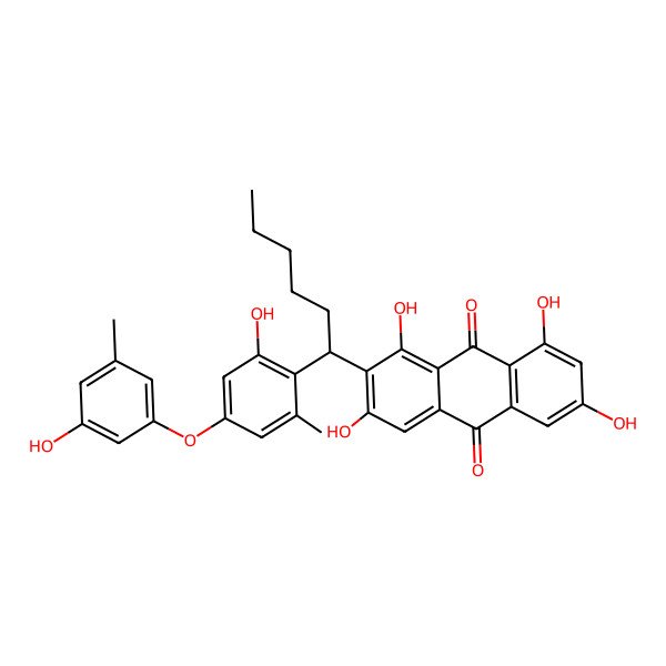 2D Structure of 1,3,6,8-Tetrahydroxy-2-[1-[2-hydroxy-4-(3-hydroxy-5-methylphenoxy)-6-methylphenyl]hexyl]anthracene-9,10-dione