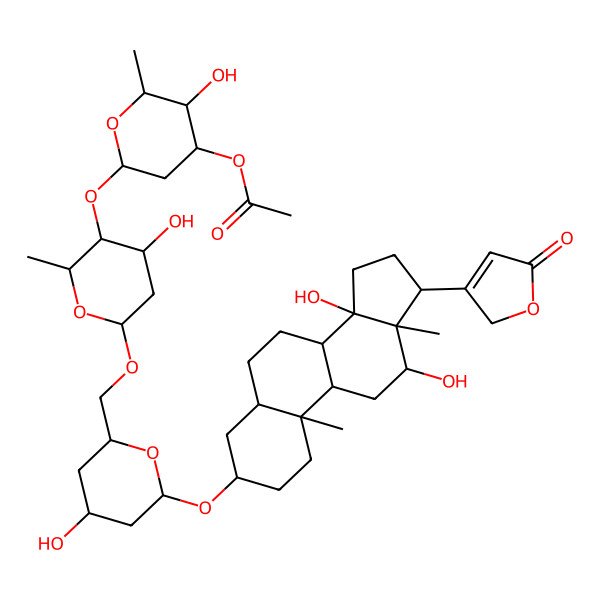 2D Structure of [6-[6-[[6-[[12,14-dihydroxy-10,13-dimethyl-17-(5-oxo-2H-furan-3-yl)-1,2,3,4,5,6,7,8,9,11,12,15,16,17-tetradecahydrocyclopenta[a]phenanthren-3-yl]oxy]-4-hydroxyoxan-2-yl]methoxy]-4-hydroxy-2-methyloxan-3-yl]oxy-3-hydroxy-2-methyloxan-4-yl] acetate