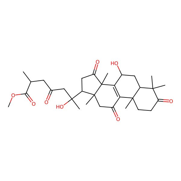 2D Structure of methyl (2R,6S)-6-hydroxy-6-[(5R,7S,10S,13R,14R,17S)-7-hydroxy-4,4,10,13,14-pentamethyl-3,11,15-trioxo-1,2,5,6,7,12,16,17-octahydrocyclopenta[a]phenanthren-17-yl]-2-methyl-4-oxoheptanoate