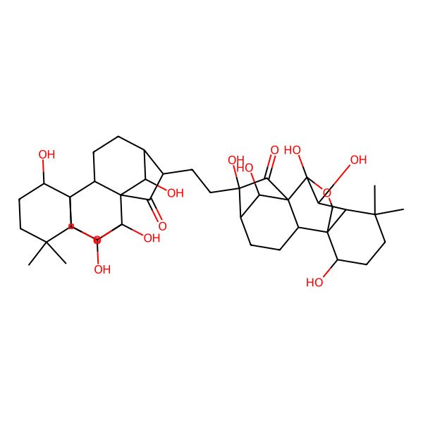 2D Structure of 6,9,10,15,18-Pentahydroxy-12,12-dimethyl-6-[2-(9,10,15,18-tetrahydroxy-12,12-dimethyl-7-oxo-17-oxapentacyclo[7.6.2.15,8.01,11.02,8]octadecan-6-yl)ethyl]-17-oxapentacyclo[7.6.2.15,8.01,11.02,8]octadecan-7-one