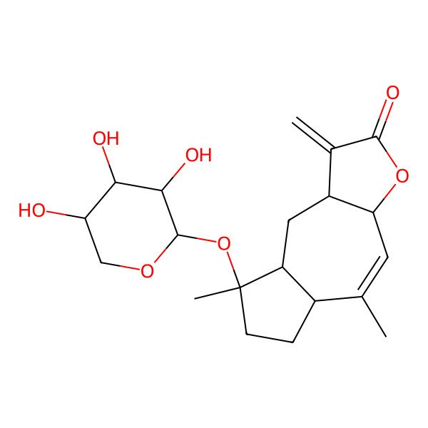 2D Structure of 5,8-dimethyl-1-methylidene-8-(3,4,5-trihydroxyoxan-2-yl)oxy-5a,6,7,8a,9,9a-hexahydro-3aH-azuleno[6,5-b]furan-2-one