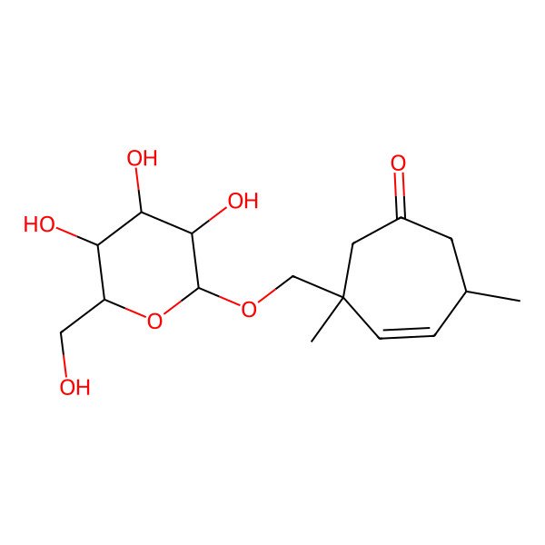 2D Structure of (3S,6S)-3,6-dimethyl-3-[[(2R,3R,4S,5S,6R)-3,4,5-trihydroxy-6-(hydroxymethyl)oxan-2-yl]oxymethyl]cyclohept-4-en-1-one