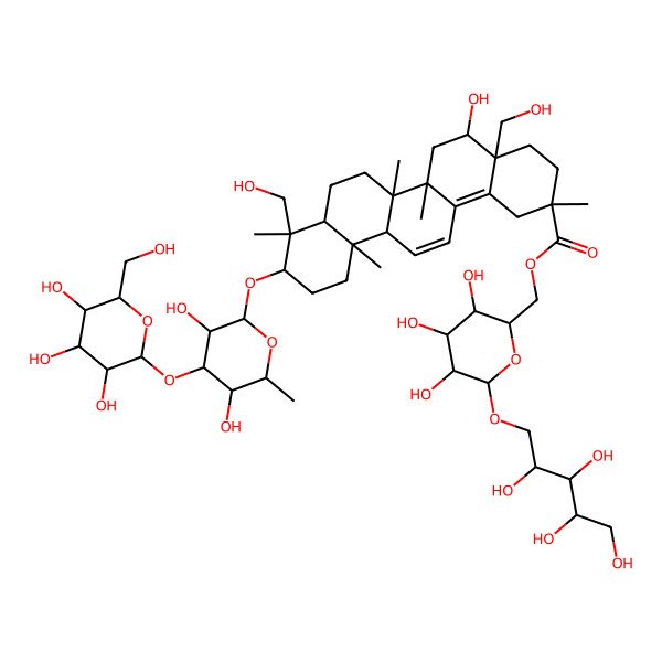 2D Structure of [(2R,3R,4S,5R,6R)-3,4,5-trihydroxy-6-[(2S,3R,4R)-2,3,4,5-tetrahydroxypentoxy]oxan-2-yl]methyl (2S,4aR,5R,6aR,6aR,6bS,8aS,9S,10S,12aR)-10-[(2R,3R,4S,5R,6S)-3,5-dihydroxy-6-methyl-4-[(2S,3S,4S,5R,6R)-3,4,5-trihydroxy-6-(hydroxymethyl)oxan-2-yl]oxyoxan-2-yl]oxy-5-hydroxy-4a,9-bis(hydroxymethyl)-2,6a,6b,9,12a-pentamethyl-1,3,4,5,6,6a,7,8,8a,10,11,12-dodecahydropicene-2-carboxylate