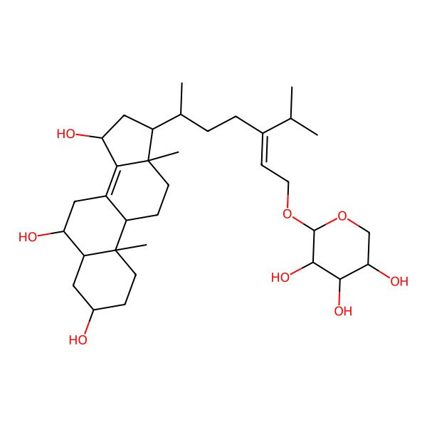 2D Structure of (2R,3R,4S,5R)-2-[(Z,6R)-3-propan-2-yl-6-[(3S,5S,6S,9R,10R,13R,15R,17R)-3,6,15-trihydroxy-10,13-dimethyl-2,3,4,5,6,7,9,11,12,15,16,17-dodecahydro-1H-cyclopenta[a]phenanthren-17-yl]hept-2-enoxy]oxane-3,4,5-triol