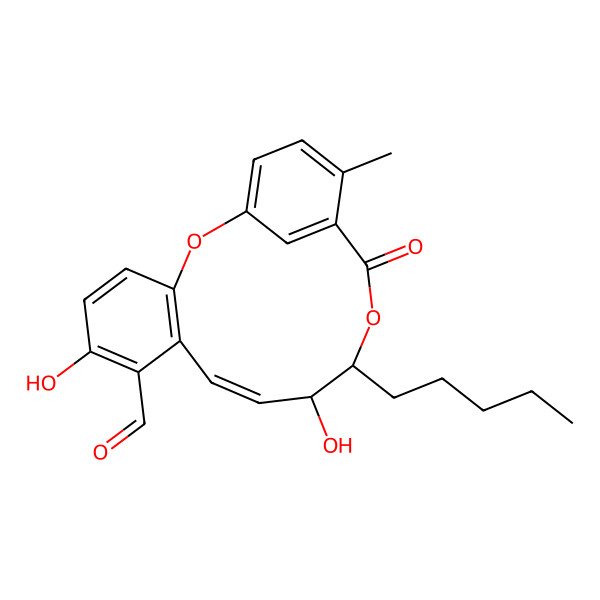 2D Structure of 6,11-Dihydroxy-16-methyl-14-oxo-12-pentyl-2,13-dioxatricyclo[13.3.1.03,8]nonadeca-1(19),3(8),4,6,9,15,17-heptaene-7-carbaldehyde