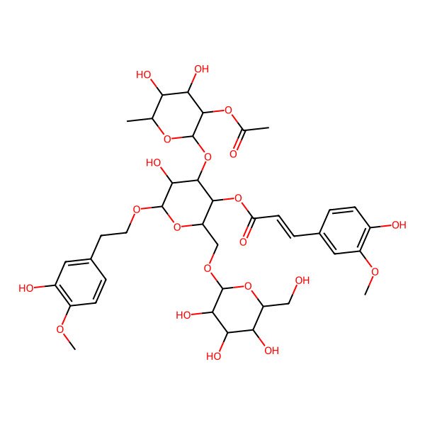 2D Structure of [4-(3-Acetyloxy-4,5-dihydroxy-6-methyloxan-2-yl)oxy-5-hydroxy-6-[2-(3-hydroxy-4-methoxyphenyl)ethoxy]-2-[[3,4,5-trihydroxy-6-(hydroxymethyl)oxan-2-yl]oxymethyl]oxan-3-yl] 3-(4-hydroxy-3-methoxyphenyl)prop-2-enoate