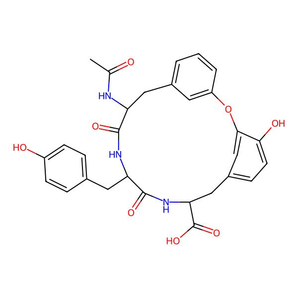2D Structure of 15-Acetamido-4-hydroxy-12-[(4-hydroxyphenyl)methyl]-11,14-dioxo-2-oxa-10,13-diazatricyclo[15.3.1.13,7]docosa-1(20),3,5,7(22),17(21),18-hexaene-9-carboxylic acid