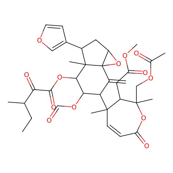 2D Structure of [(1aR,3S,3aR,4R,5R,6R,7aS)-6-[(2S,3R,4R)-2-(acetyloxymethyl)-3-(2-methoxy-2-oxoethyl)-2,4-dimethyl-7-oxo-3H-oxepin-4-yl]-5-formyloxy-3-(furan-3-yl)-3a-methyl-7-methylidene-1a,2,3,4,5,6-hexahydroindeno[1,7a-b]oxiren-4-yl] (3R)-3-methyl-2-oxopentanoate