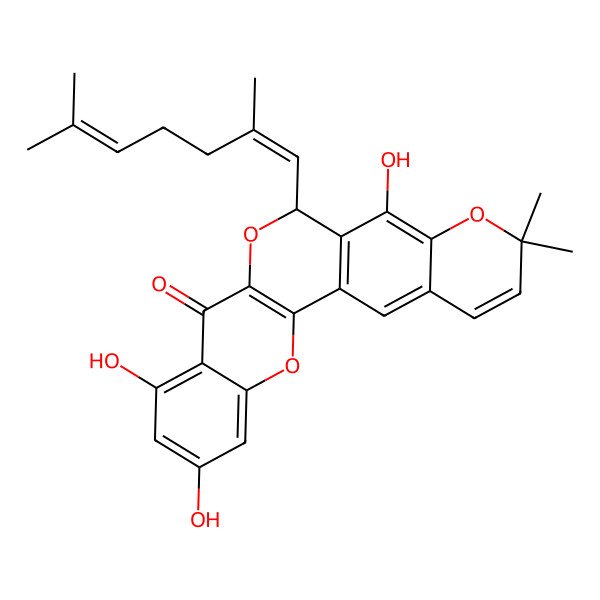 2D Structure of 13-[(1E)-2,6-dimethylhepta-1,5-dienyl]-6,8,15-trihydroxy-18,18-dimethyl-3,12,17-trioxapentacyclo[12.8.0.02,11.04,9.016,21]docosa-1(14),2(11),4,6,8,15,19,21-octaen-10-one