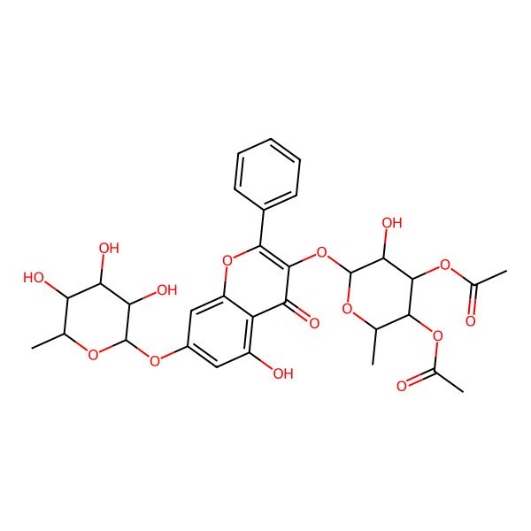 2D Structure of [4-Acetyloxy-5-hydroxy-6-[5-hydroxy-4-oxo-2-phenyl-7-(3,4,5-trihydroxy-6-methyloxan-2-yl)oxychromen-3-yl]oxy-2-methyloxan-3-yl] acetate