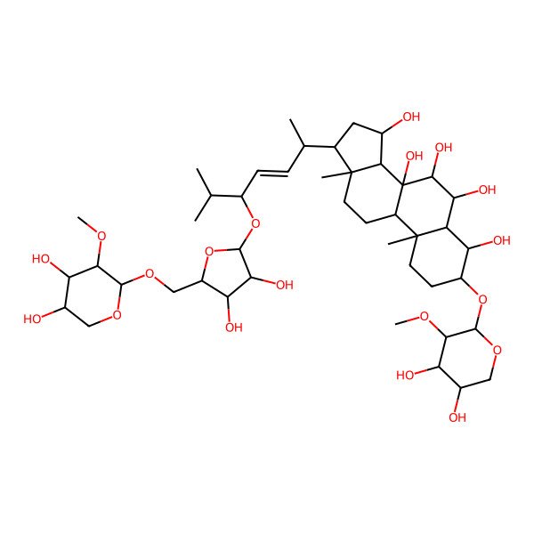 2D Structure of 3-(4,5-Dihydroxy-3-methoxyoxan-2-yl)oxy-17-[5-[5-[(4,5-dihydroxy-3-methoxyoxan-2-yl)oxymethyl]-3,4-dihydroxyoxolan-2-yl]oxy-6-methylhept-3-en-2-yl]-10,13-dimethyl-1,2,3,4,5,6,7,9,11,12,14,15,16,17-tetradecahydrocyclopenta[a]phenanthrene-4,6,7,8,15-pentol