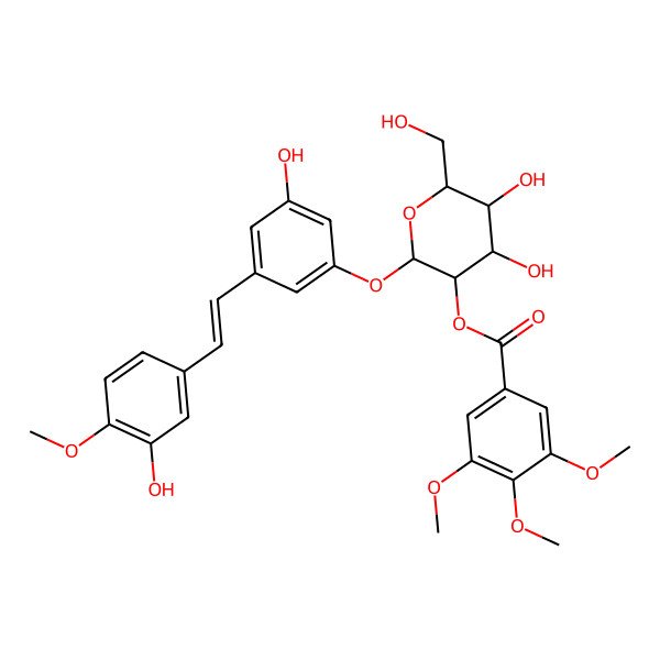 2D Structure of [4,5-Dihydroxy-2-[3-hydroxy-5-[2-(3-hydroxy-4-methoxyphenyl)ethenyl]phenoxy]-6-(hydroxymethyl)oxan-3-yl] 3,4,5-trimethoxybenzoate