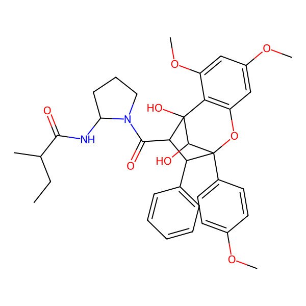2D Structure of (2R)-N-[(2R)-1-[(1R,9R,10R,11S,12R)-1,12-dihydroxy-3,5-dimethoxy-9-(4-methoxyphenyl)-10-phenyl-8-oxatricyclo[7.2.1.02,7]dodeca-2(7),3,5-triene-11-carbonyl]pyrrolidin-2-yl]-2-methylbutanamide