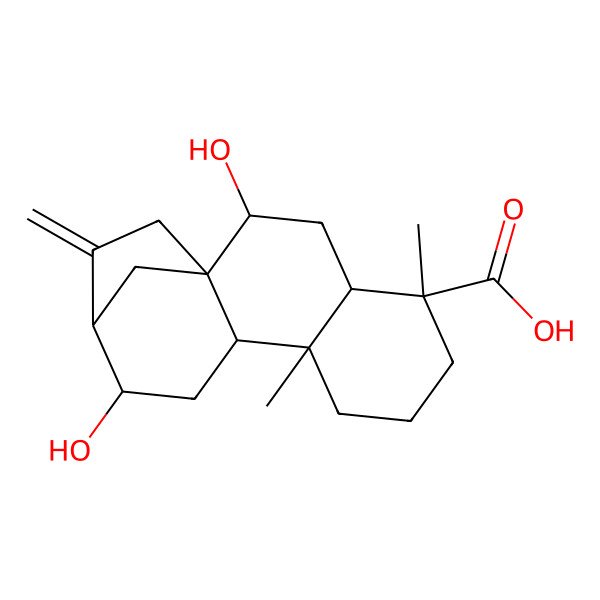 2D Structure of (1R,2S,4S,5R,9S,10S,12S,13R)-2,12-dihydroxy-5,9-dimethyl-14-methylidenetetracyclo[11.2.1.01,10.04,9]hexadecane-5-carboxylic acid