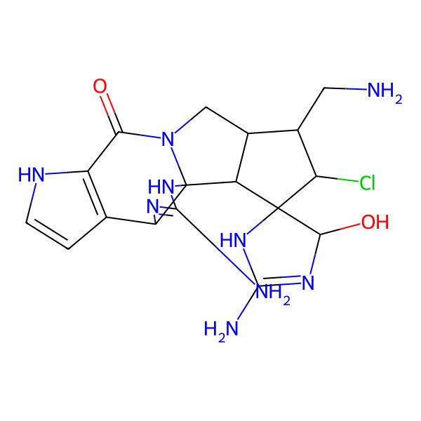 2D Structure of 2,3'-Diamino-15'-(aminomethyl)-16'-chloro-4-hydroxyspiro[1,4-dihydroimidazole-5,17'-2,4,9,12-tetrazapentacyclo[10.6.0.01,5.06,10.014,18]octadeca-3,6(10),7-triene]-11'-one