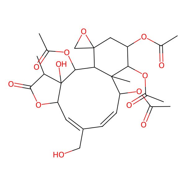 2D Structure of [(1S,2S,3S,4R,7S,8E,10E,12S,13S,14R,15S,17R)-2,12,14-triacetyloxy-3-hydroxy-9-(hydroxymethyl)-4,13-dimethyl-5-oxospiro[6-oxatricyclo[11.4.0.03,7]heptadeca-8,10-diene-17,2'-oxirane]-15-yl] acetate