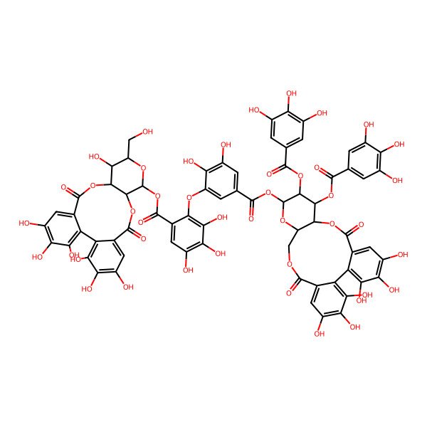 2D Structure of [(10R,11R,13R,14R,15S)-3,4,5,14,20,21,22-heptahydroxy-13-(hydroxymethyl)-8,17-dioxo-9,12,16-trioxatetracyclo[16.4.0.02,7.010,15]docosa-1(22),2,4,6,18,20-hexaen-11-yl] 2-[5-[[(10R,11S,12R,13S,15R)-3,4,5,21,22,23-hexahydroxy-8,18-dioxo-11,12-bis[(3,4,5-trihydroxybenzoyl)oxy]-9,14,17-trioxatetracyclo[17.4.0.02,7.010,15]tricosa-1(23),2,4,6,19,21-hexaen-13-yl]oxycarbonyl]-2,3-dihydroxyphenoxy]-3,4,5-trihydroxybenzoate