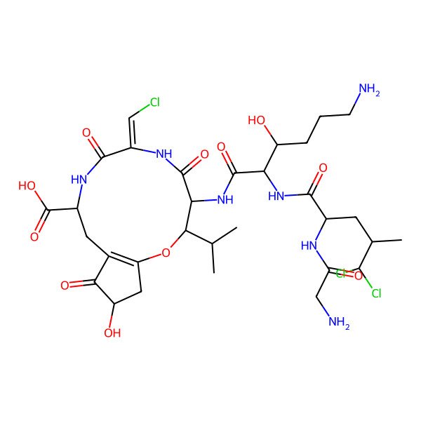 2D Structure of (3S,4S,7Z,10S)-4-[[(2S,3R)-6-amino-2-[[(2S)-2-[(2-aminoacetyl)amino]-5,5-dichloro-4-methylpentanoyl]amino]-3-hydroxyhexanoyl]amino]-7-(chloromethylidene)-14-hydroxy-5,8,13-trioxo-3-propan-2-yl-2-oxa-6,9-diazabicyclo[10.3.0]pentadec-1(12)-ene-10-carboxylic acid