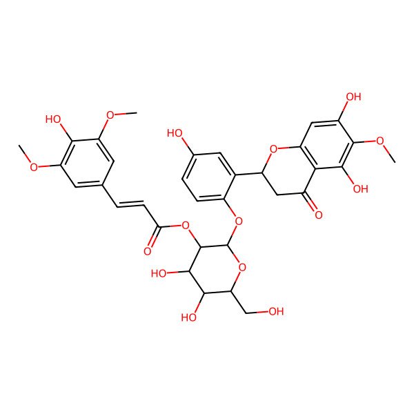 2D Structure of [(2S,3R,4S,5S,6R)-2-[2-[(2S)-5,7-dihydroxy-6-methoxy-4-oxo-2,3-dihydrochromen-2-yl]-4-hydroxyphenoxy]-4,5-dihydroxy-6-(hydroxymethyl)oxan-3-yl] (E)-3-(4-hydroxy-3,5-dimethoxyphenyl)prop-2-enoate