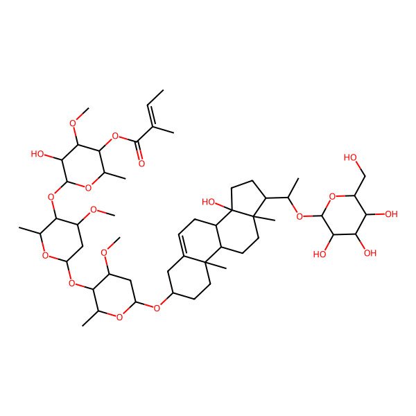2D Structure of [(2R,3R,4R,5R,6S)-5-hydroxy-6-[(2R,3R,4S,6S)-6-[(2R,3R,4S,6R)-6-[[(3S,8R,9S,10R,13R,14S,17S)-14-hydroxy-10,13-dimethyl-17-[(1S)-1-[(2R,3R,4S,5S,6R)-3,4,5-trihydroxy-6-(hydroxymethyl)oxan-2-yl]oxyethyl]-1,2,3,4,7,8,9,11,12,15,16,17-dodecahydrocyclopenta[a]phenanthren-3-yl]oxy]-4-methoxy-2-methyloxan-3-yl]oxy-4-methoxy-2-methyloxan-3-yl]oxy-4-methoxy-2-methyloxan-3-yl] (E)-2-methylbut-2-enoate