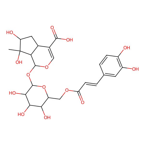 2D Structure of 1-[6-[3-(3,4-dihydroxyphenyl)prop-2-enoyloxymethyl]-3,4,5-trihydroxyoxan-2-yl]oxy-6,7-dihydroxy-7-methyl-4a,5,6,7a-tetrahydro-1H-cyclopenta[c]pyran-4-carboxylic acid