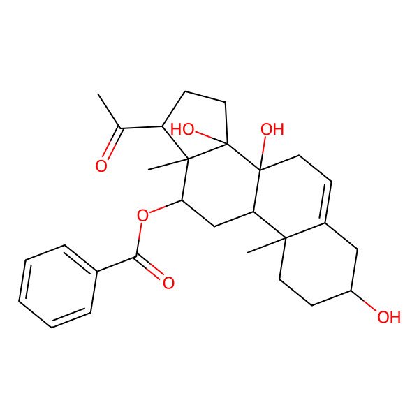 2D Structure of [(3S,8S,9R,10R,12R,13S,14R,17S)-17-acetyl-3,8,14-trihydroxy-10,13-dimethyl-2,3,4,7,9,11,12,15,16,17-decahydro-1H-cyclopenta[a]phenanthren-12-yl] benzoate