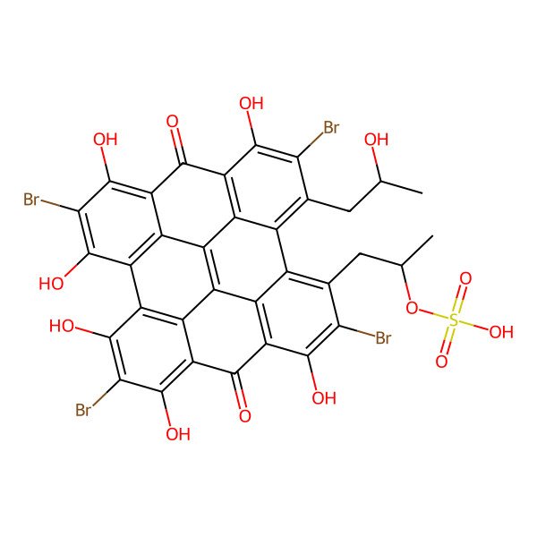 2D Structure of [(2S)-1-[6,12,17,23-tetrabromo-7,11,13,16,18,22-hexahydroxy-24-[(2S)-2-hydroxypropyl]-9,20-dioxo-5-octacyclo[13.11.1.12,10.03,8.04,25.019,27.021,26.014,28]octacosa-1,3(8),4,6,10,12,14(28),15(27),16,18,21(26),22,24-tridecaenyl]propan-2-yl] hydrogen sulfate