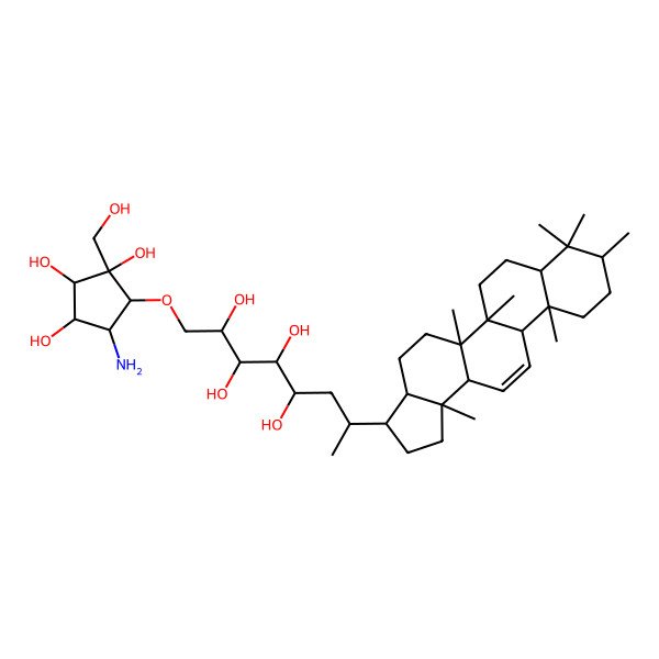 2D Structure of 7-[(3R,5aR,5bR,9S,11aS,13bS)-5a,5b,8,8,9,11a,13b-heptamethyl-1,2,3,3a,4,5,6,7,7a,9,10,11,11b,13a-tetradecahydrocyclopenta[a]chrysen-3-yl]-1-[5-amino-2,3,4-trihydroxy-2-(hydroxymethyl)cyclopentyl]oxyoctane-2,3,4,5-tetrol
