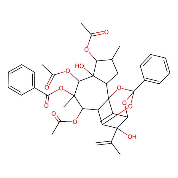 2D Structure of (5,7,9-Triacetyloxy-6,18-dihydroxy-4,8,16-trimethyl-13-phenyl-18-prop-1-en-2-yl-12,14,17-trioxapentacyclo[11.3.1.111,15.01,10.02,6]octadecan-8-yl) benzoate